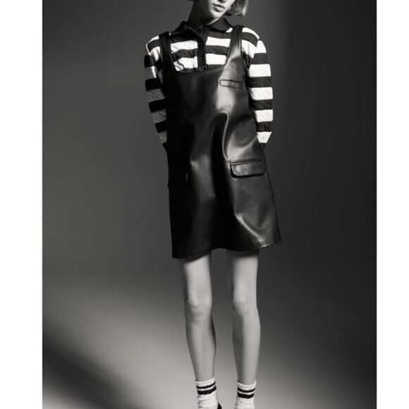 Zara Black Vegan Leather Pinafore Overall Dress SIZE SMALL - Picture 2 of 7